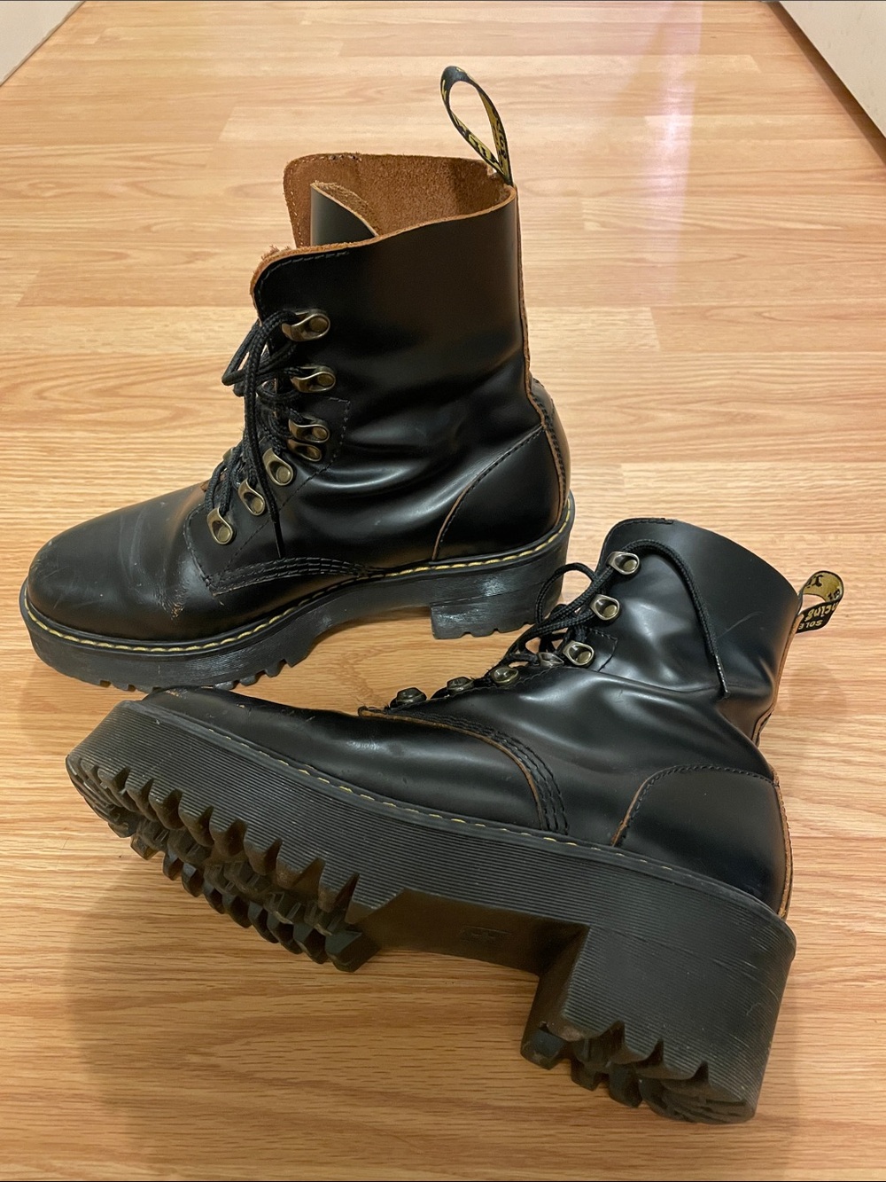 Dr. Martens Black Leather Lace-Up Lug Boots with Yellow Stitching - Picture 8 of 9